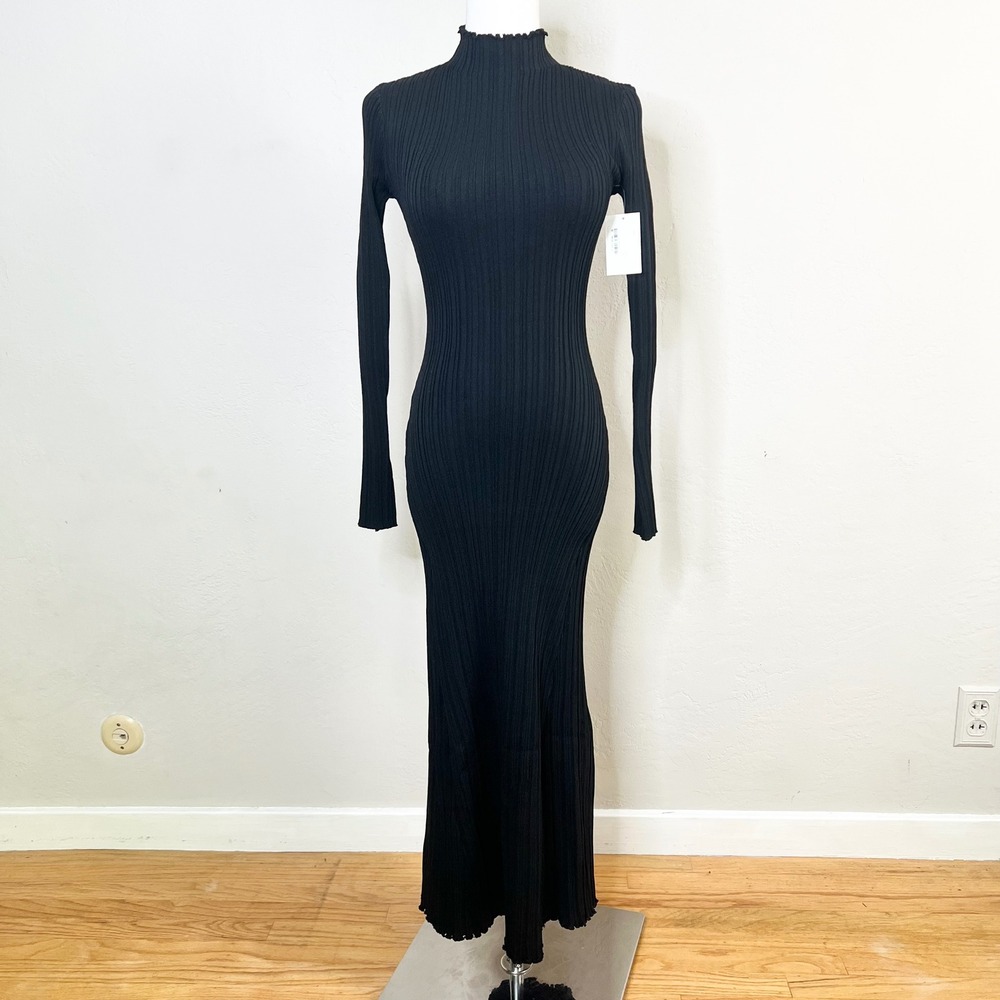 Petal & Pup Black Ribbed‎ Mock Neck Long Sleeve Maxi Dress Size Small FLAW